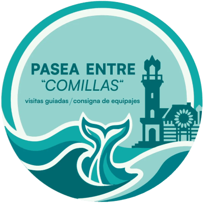 Circular logo with waves, lighthouse, and text 'Pasea entre Comillas'.