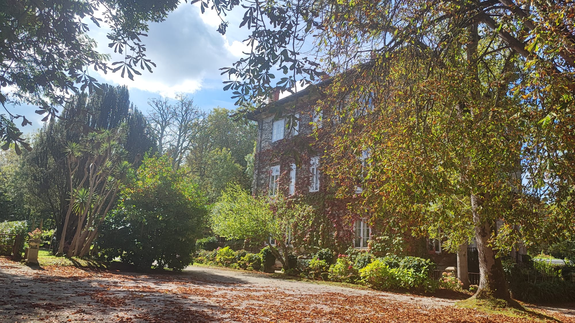 Large brick house in a garden with trees and fallen leaves.